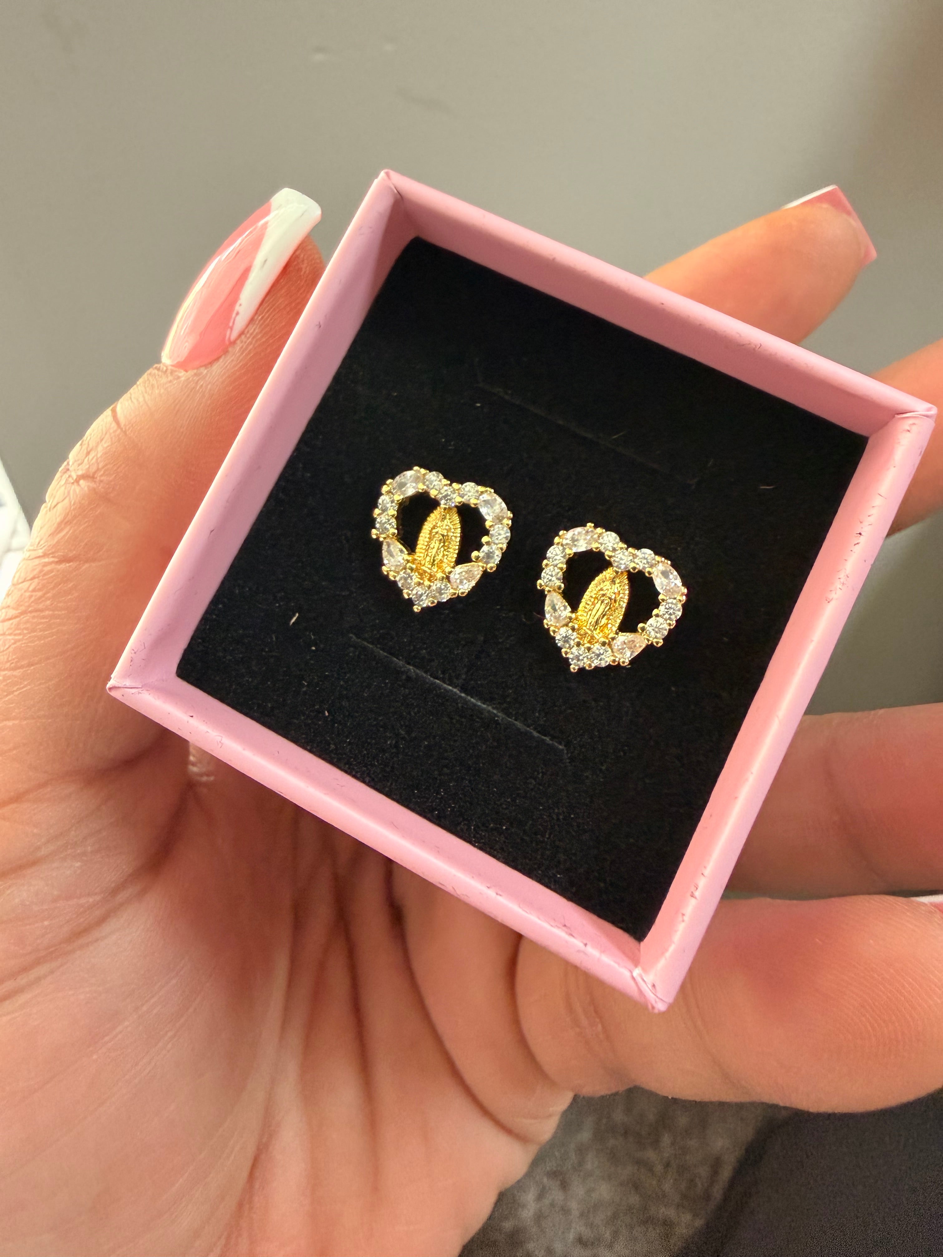 Virgin Mary Heart Stud Earrings
